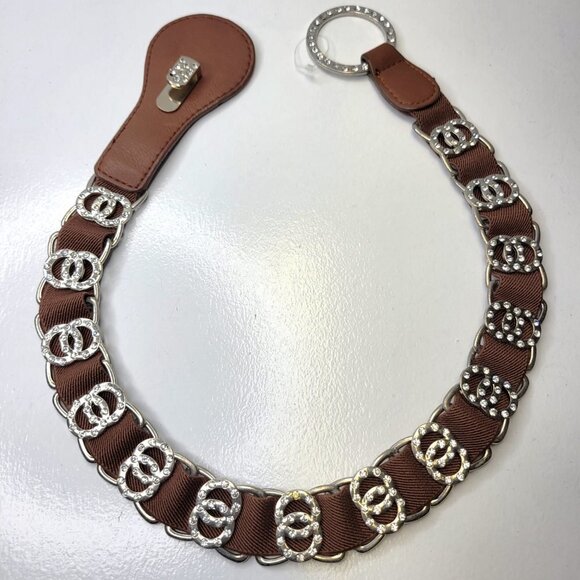 Dark Brown Rhinestones Embellished Belt with Round Rhinestone Buckle - Picture 1 of 11